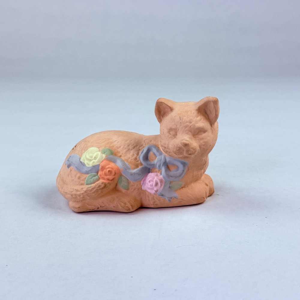 Vintage 1988 Price Products Ceramic Cat Figurine Peach‎ Floral Ribbon Bow Taiwan